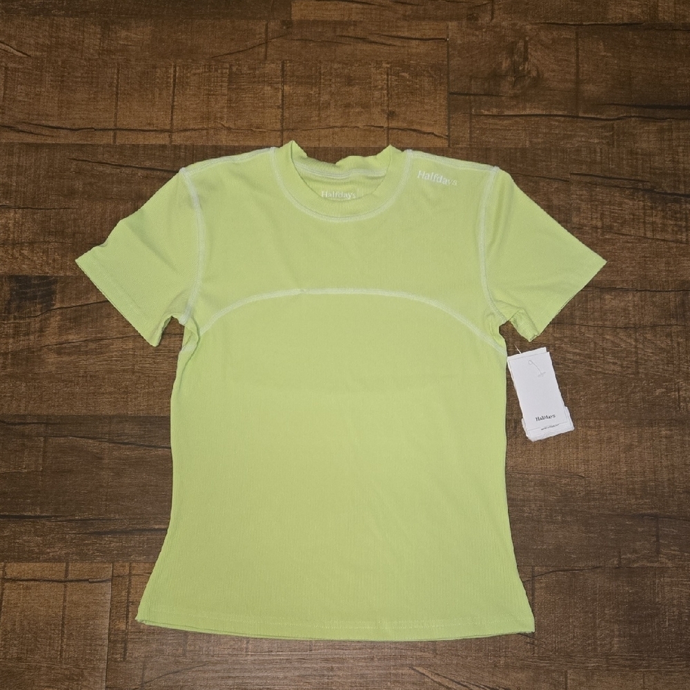 Halfdays Mollie Performance T-Shirt Lime Green Pistachio Ribbed Knit Athleisure - Picture 3 of 7